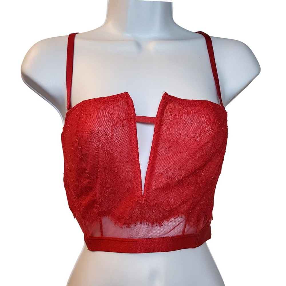 Victoria's Secret Red Lace Bustier Corset Top Large L Deep V Vampy Boudoir Y2K
